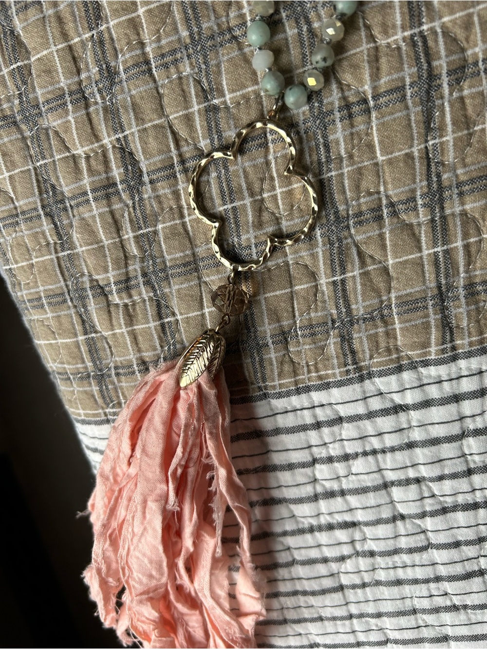 Gold Clover Pendant Necklace with Pink Tassel